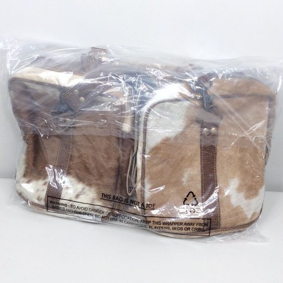 Myra Bag Cinnamon Traveller Bag Hair On Duffle Upcycled Genuine Cowhide - Picture 6 of 6